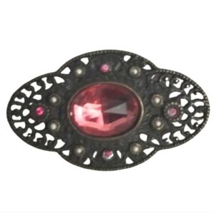 Vtg Pink Glass Faux Pearl Filigree Pin Brooch